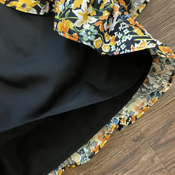 NWT Plunge Smocked Cotton Floral Mini Dress Yellow Black Blue XS - Image 14