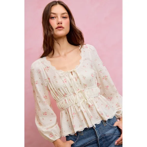 SO ME Floral Clip Dot Lace Trim Ruched Bodice Blouse - White - Medium - Image 16