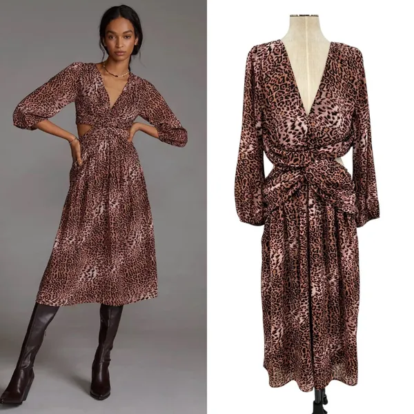 Anthropologie Ranna Gill Dress Midi Leopard‎ Print Cut Out Long Sleeve Size XL - Image 2