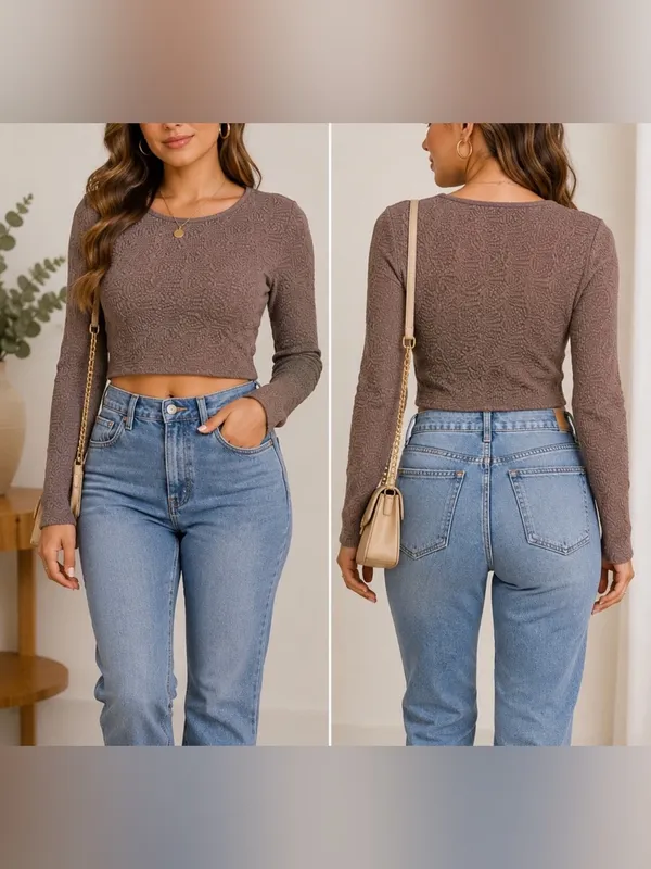 Zara Brown Fitted Long Sleeve Crop Top - Image 2
