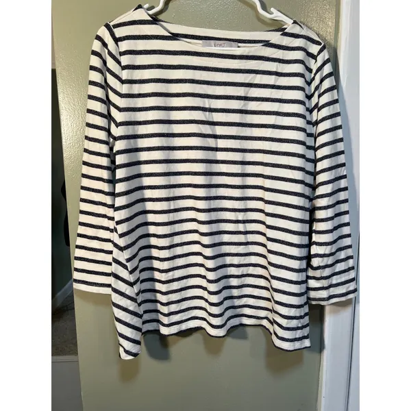 Loft Women's Size Large Boatneck T-Shirt White Navy Stripes Terry Cloth Boatneck - Image 3