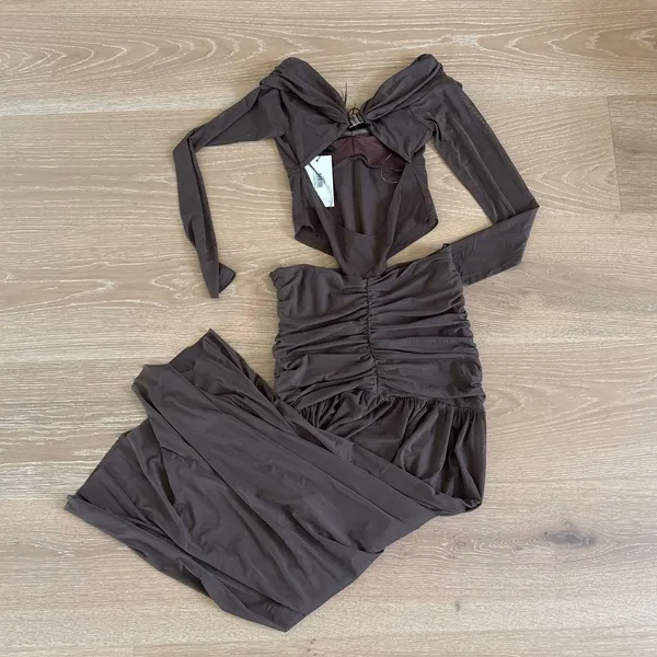 Outcast Clothing Maxi Dress Off Shoulder Cut Out Angelae Size M Brown - Image 5