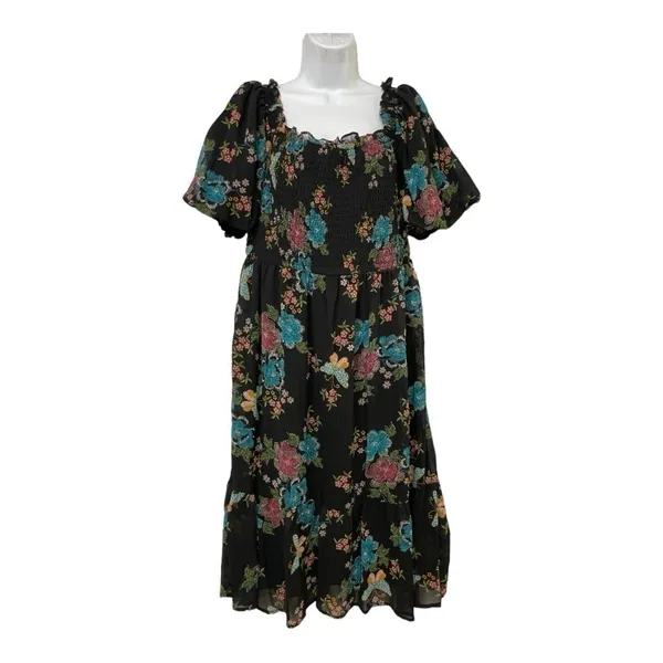 Lauren Conrad Plus Balloon Sleeve Smocked Midi Dress Sz XL Black Butterfly - Image 4