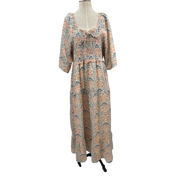 Ivy City Co. Nora Maxi Dress Floral Print Smocked Orange Blue‎ Plus Size 1X - Image 3