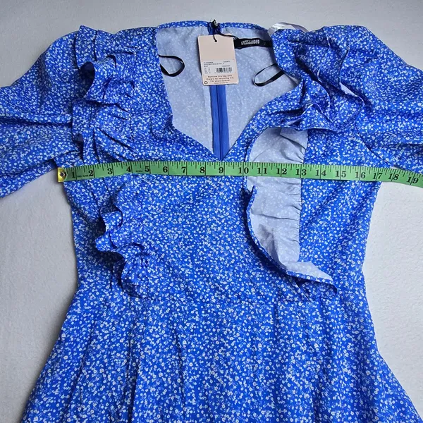 Missguided NWT Blue Floral Ruffle Faux Wrap‎ Mini Dress Puff Sleeve Womens 6 - Image 7