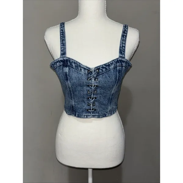 Social Tourist Abercrombie Denim Lace Up Cropped Corset Top Sz M Women’s - Image 4