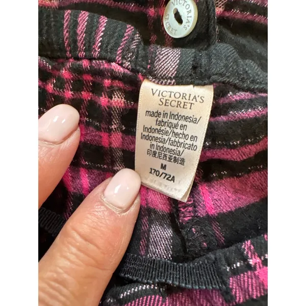 Victoria's Secret Pink Black Plaid Metallic Pajama Set Short Sleeve Shorts M - Image 4