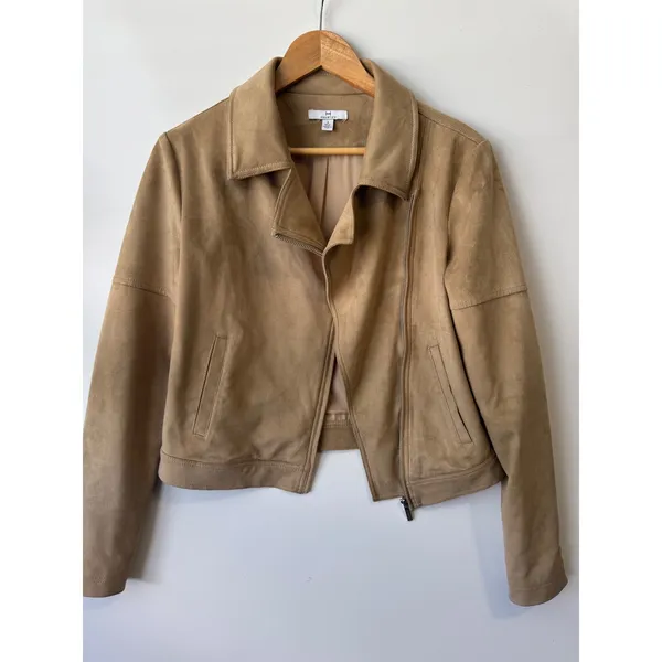 Halston Moto Jacket Faux Suede‎ Tan Zip Up Biker Coat Size 4 - Image 2