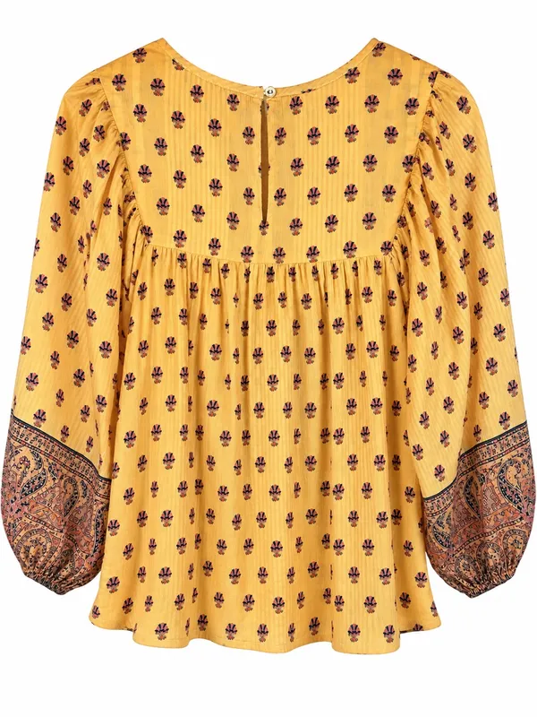Cleobella Boho Floral Peasant Blouse Babydoll Tunic Organic Cotton Yellow Size L - Image 3