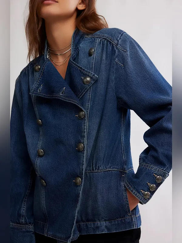 Free People Imogene Denim Officer Jacket in Ensign Wash L - Image 5