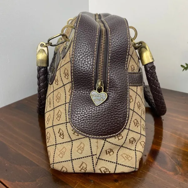 Dooney And Bourke Vintage Leather Brown Leather Signature Canvas Satchel Handbag - Image 3