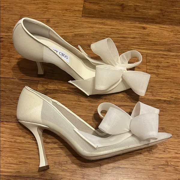 Jimmy Choo Staz Bow Mesh Pointed Pumps size 39.5 Ivory - Image 3