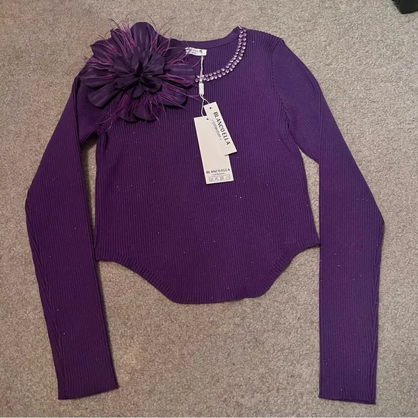 Women’s Purple Floral Rhinestone Ribbed Long Sleeve Crop Top - Image 4