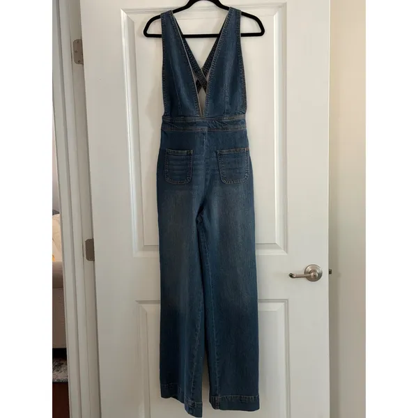 Dollhouse Blue Denim Jumpsuit Wide Leg V-Neck Crisscross Back 9/10 - Image 4