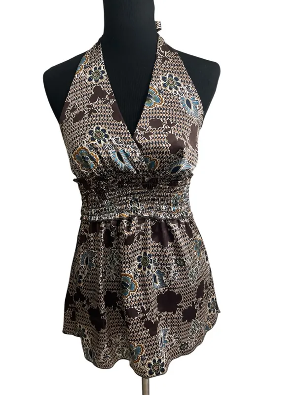 Vintage Y2K A. Byer Satin Brown Floral Smocked Babydoll Halter Tank Top - Image 2