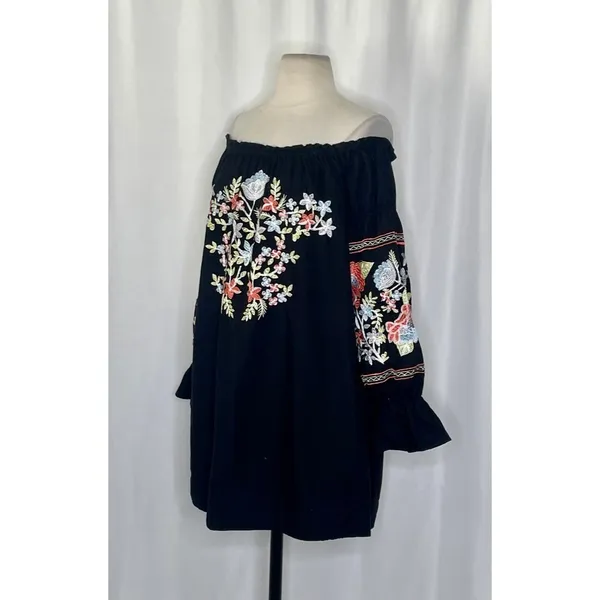 FREE PEOPLE Fleur Du Jour Mini Dress Black Floral Embroidered Off Shoulder Small - Image 6