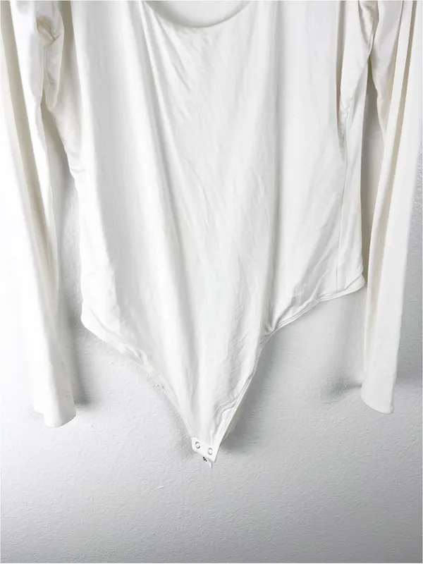 GOOD AMERICAN Cream Long Sleeves Scoop Neck Bodysuit Size Large Casual Neutral - Image 7