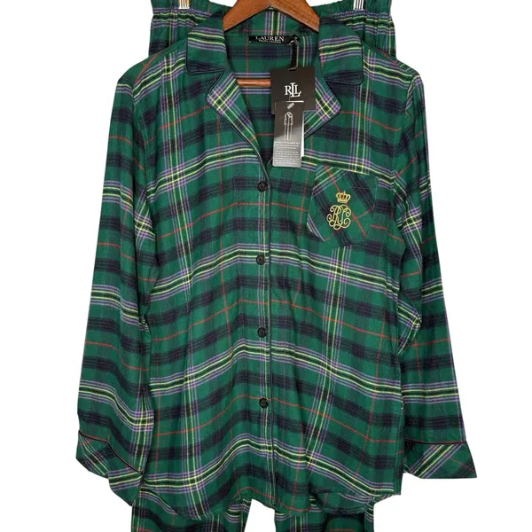 NWT LRL Ralph Lauren M Brushed Twill 2PC PJ‎ Set Plaid Green Pajamas Black Label - Image 5