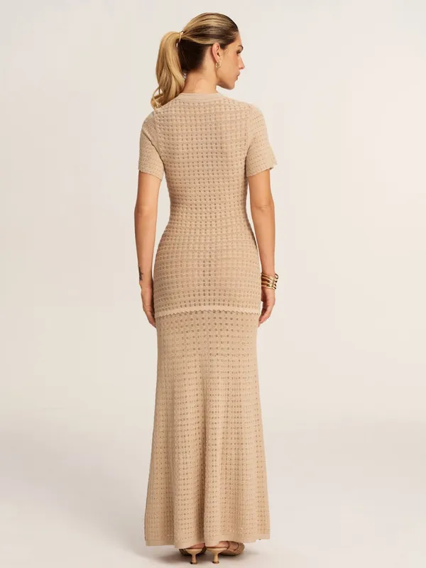 COMMENSE Short Sleeve Crochet Knit Mermaid Maxi Dress Khaki Gold Size S NWT - Image 2