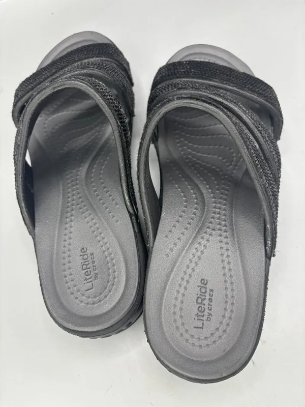 Crocs Boca Strappy Wedge Sandal Womens Black 6 Sequin Slip On Open Toe Comfort - Image 4