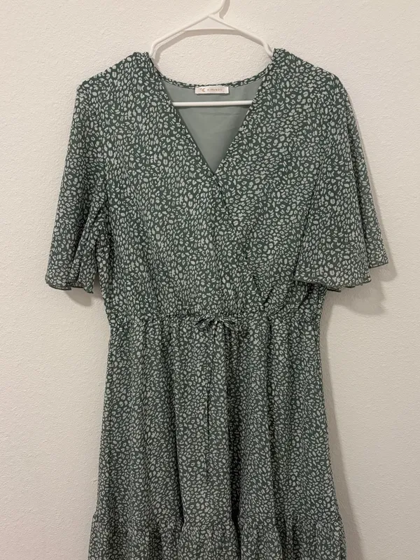 Kirundo Green and White Floral Print Knee Length Dress‎ Cottagecore Ruffle SZ L - Image 4