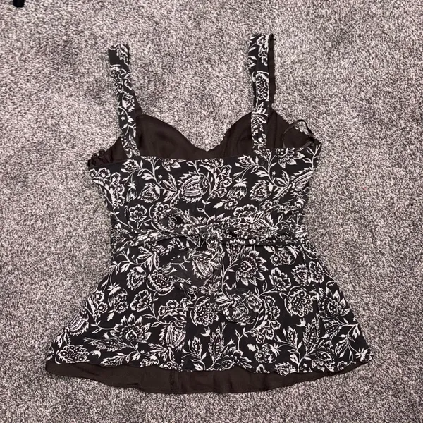 Ann Taylor Floral Ruffle Strap Tank Top Brown White Cinched Waist Boho Size 8 - Image 3