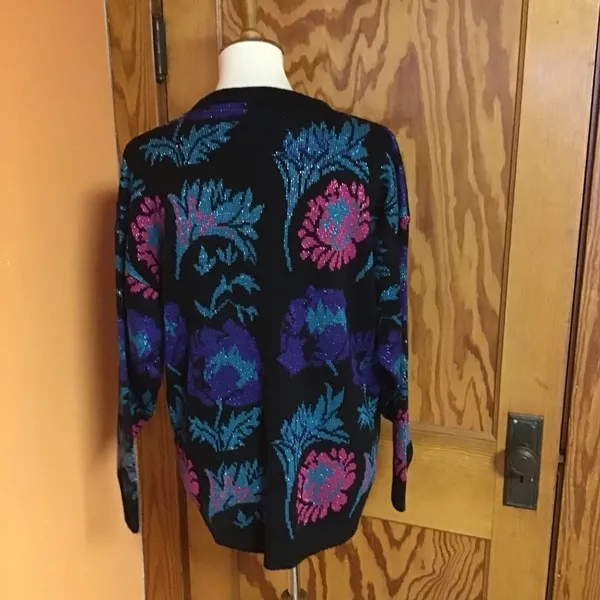 Vintage 80s Sparkly Floral Sweater Black Purple Teal Oversized Retro Cozy - Image 9