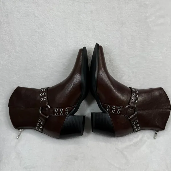 Lulus Dark‎ Brown Faux Leather Harness Western Ankle Boots Pointed Toe Zip 8 - Image 9