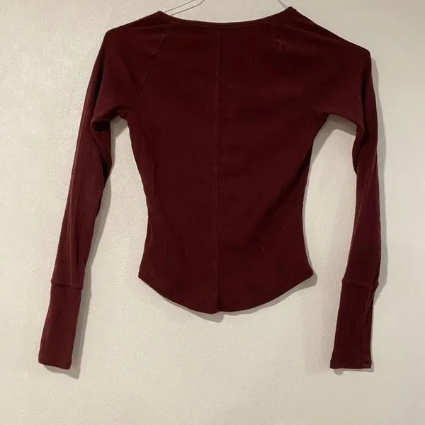 Intimately Free People Burgundy Ribbed Long Sleeve Henley Top XS - Image 3