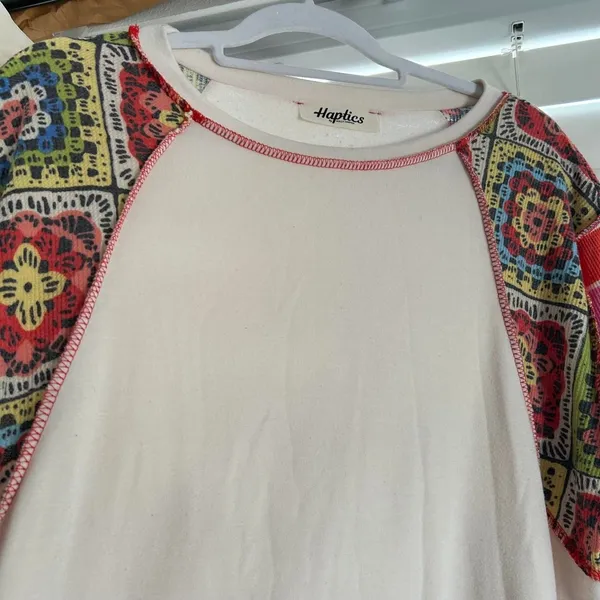 Boho Patchwork Colorful Lived-In Tee artsy eclectic cream Top Medium - Image 4
