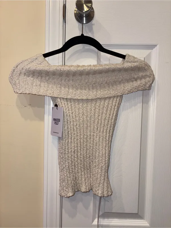 Princess Polly Murmur Off Shoulder Knit Top Beige - Image 2