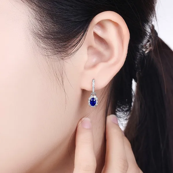 18K White Gold Plated Diamond Blue Gemstone Sapphire Dangle Drop Earrings for Women - Image 4