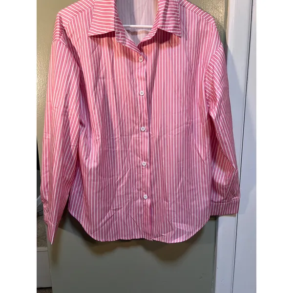 Womens Sz Medium Button Down Shirt Pink White Stripes Satin Long Sleeve Collared - Image 3