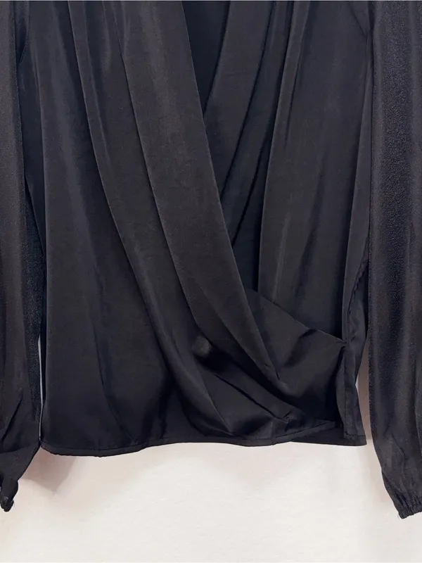 Miss Sparkling Black Satin Surplice Wrap Blouse Draped Long Sleeve Elegant Top - Image 3