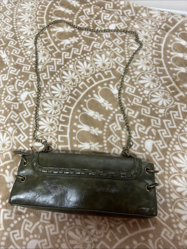 Olive Green Chain clutch Shoulder Bag with Antique Brass Hardware - Image 2