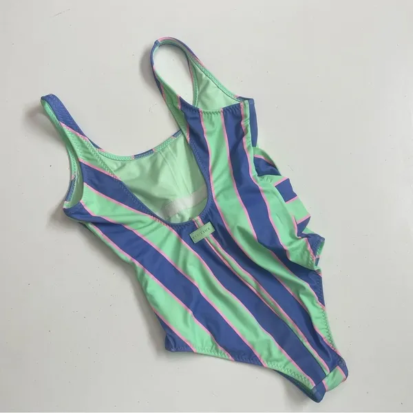 Fabletics Swimsuit Leotard Striped Tie Front Back Scoop Back Green Blue Pink - Image 2