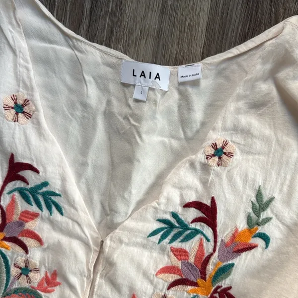 Anthropologie X Laila Cream V-Neck Sleeveless A-Line Sundress embroidered floral - Image 3