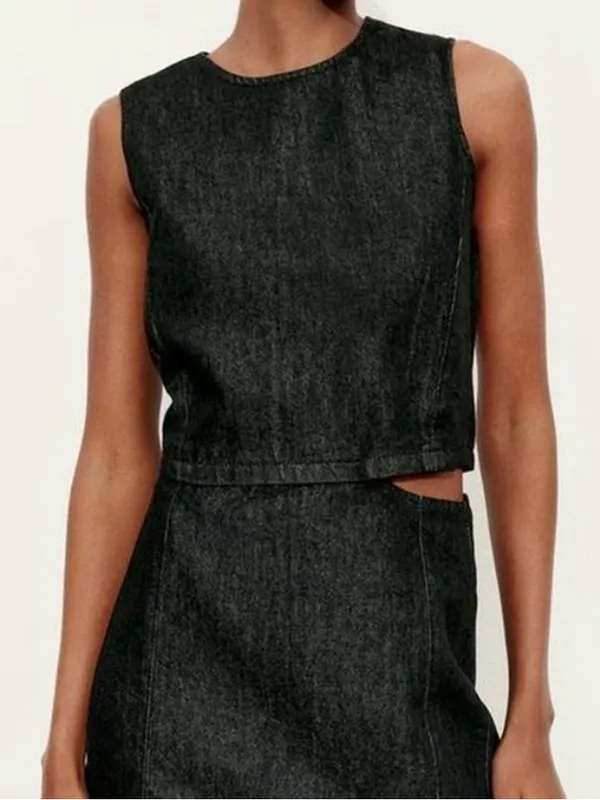 Zara Side Cut Out Black Denim Dress Size S NWT - Image 2