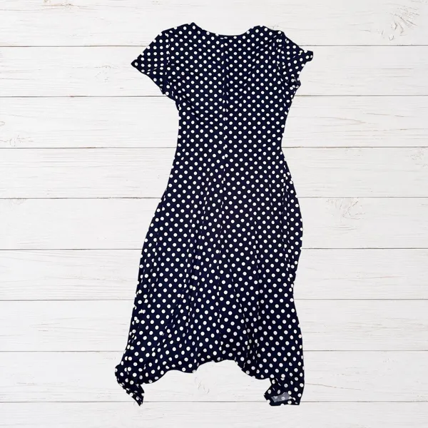 Polka Dot Faux Wrap Midi Dress Navy White Knotted Waist Short Sleeve Size 8 - Image 3
