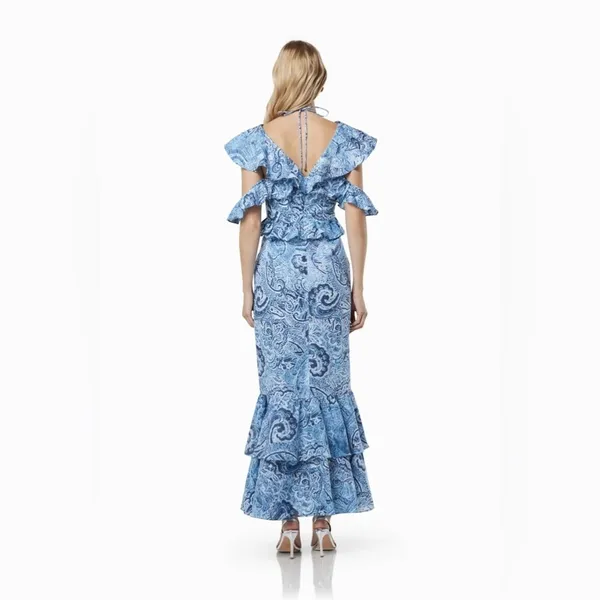Elliatt Snow Printed Linen Gown Blue Floral Wedding Guest Vacation Summer - Image 5