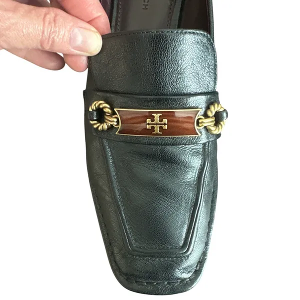 Tory Burch Perrine Loafer Black Leather Horsebit Enamel Gold Size 7.5 - Image 9