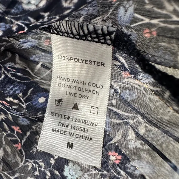 W5 Blue Floral Ruffle Shoulder Sheer Blouse Women's Medium 3/4 Sleeve Silver - Image 8