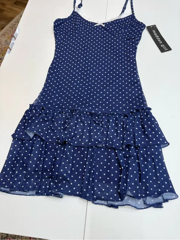 Madden Girl Navy Blue Polka Dot Lace Trim Ruffle Mini Dress Size S - Image 9