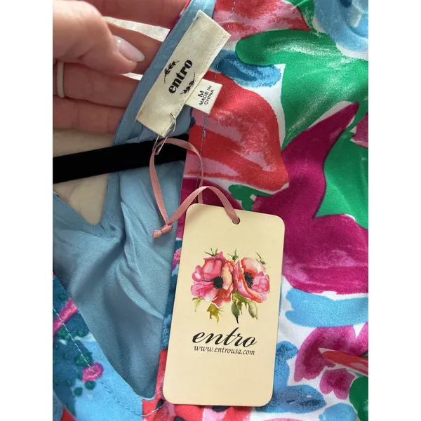 Entro Multicolor Floral‎ Mini Dress V-Neck Smocked Waist Size Medium NWT - Image 5