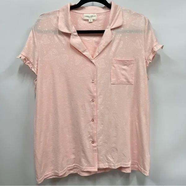 Laura Ashley Soft pink Textured two piece Pajama Set L butterfly heart embossed - Image 5