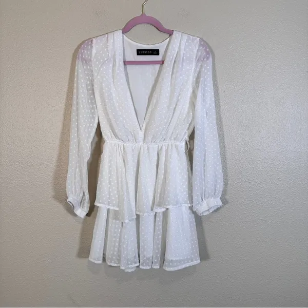 Lioness White Swiss Dot Tiered Mini Dress Womens S Boho Fairy Cottage Core Bride - Image 12