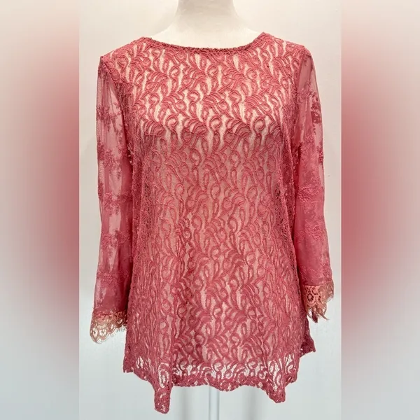 Sheer Mauve Mixed Lace Bell Sleeve Top Eyelash Fringe Gimmicks by BKE Fairy Boho - Image 8
