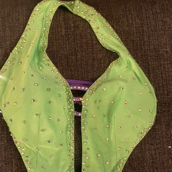 Lime green and purple cut out - mini skirt beaded dance costume - Image 4