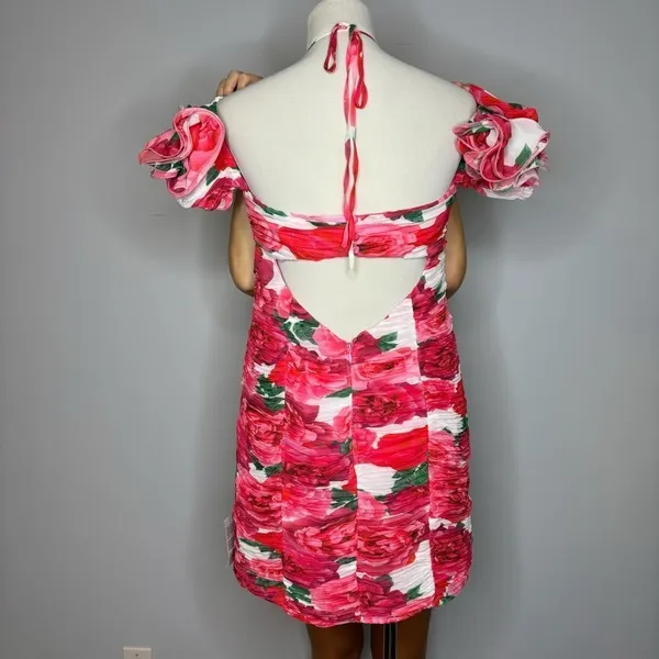 ASOS Luxe- Halter Pink Floral Ruched Mini Dress - Image 6