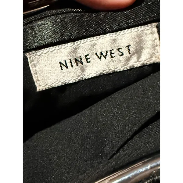 Nine West Black Satin Pleated Evening Clutch Rhinestone Kiss Lock Chain Strap - Image 5
